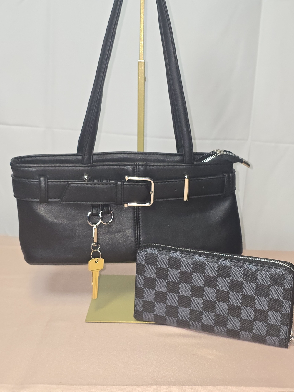 Classic Black Shoulder Bag with Buckle Accent